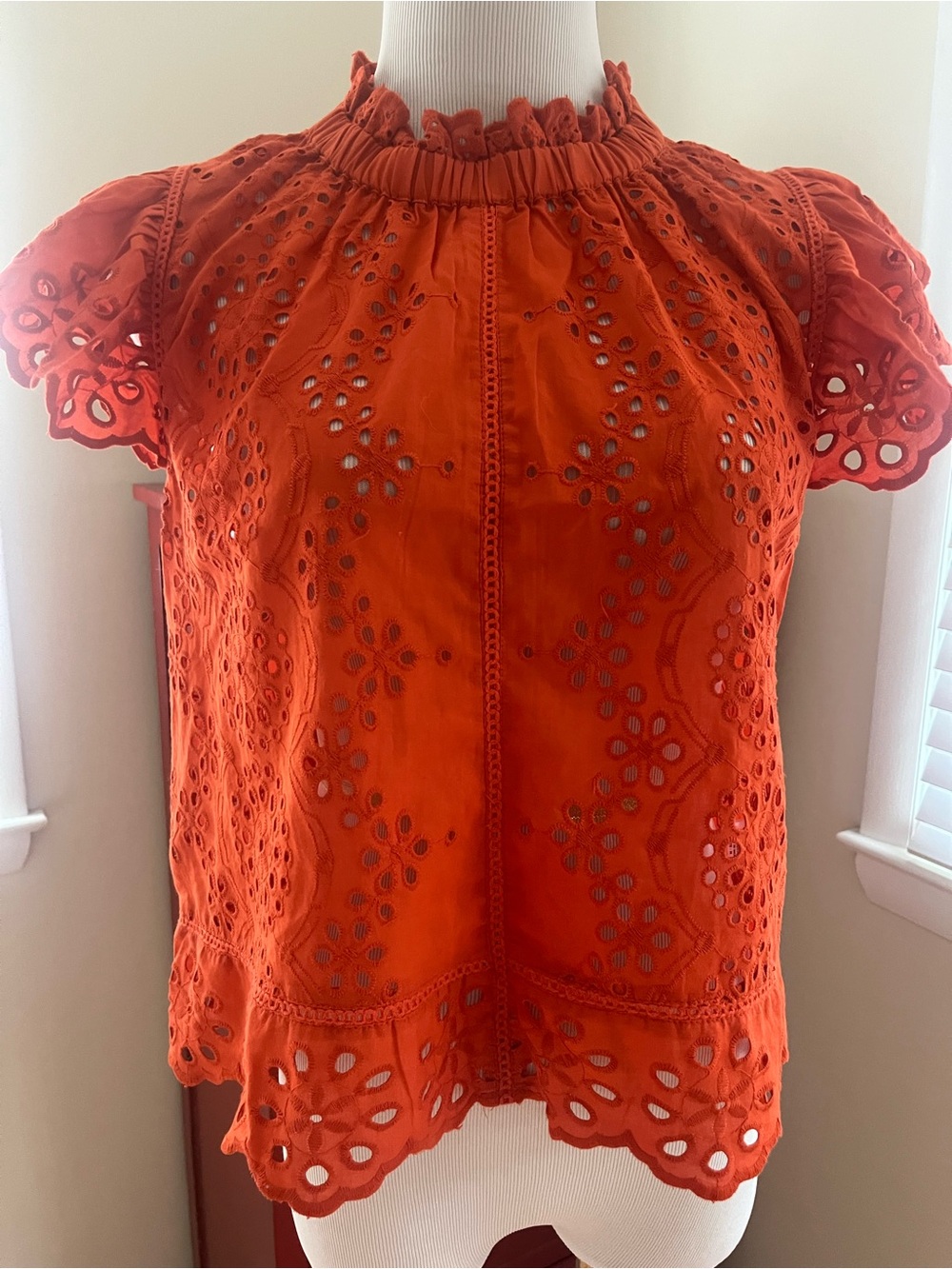 Women's Eyelet Ruffle Neck Top - Orange